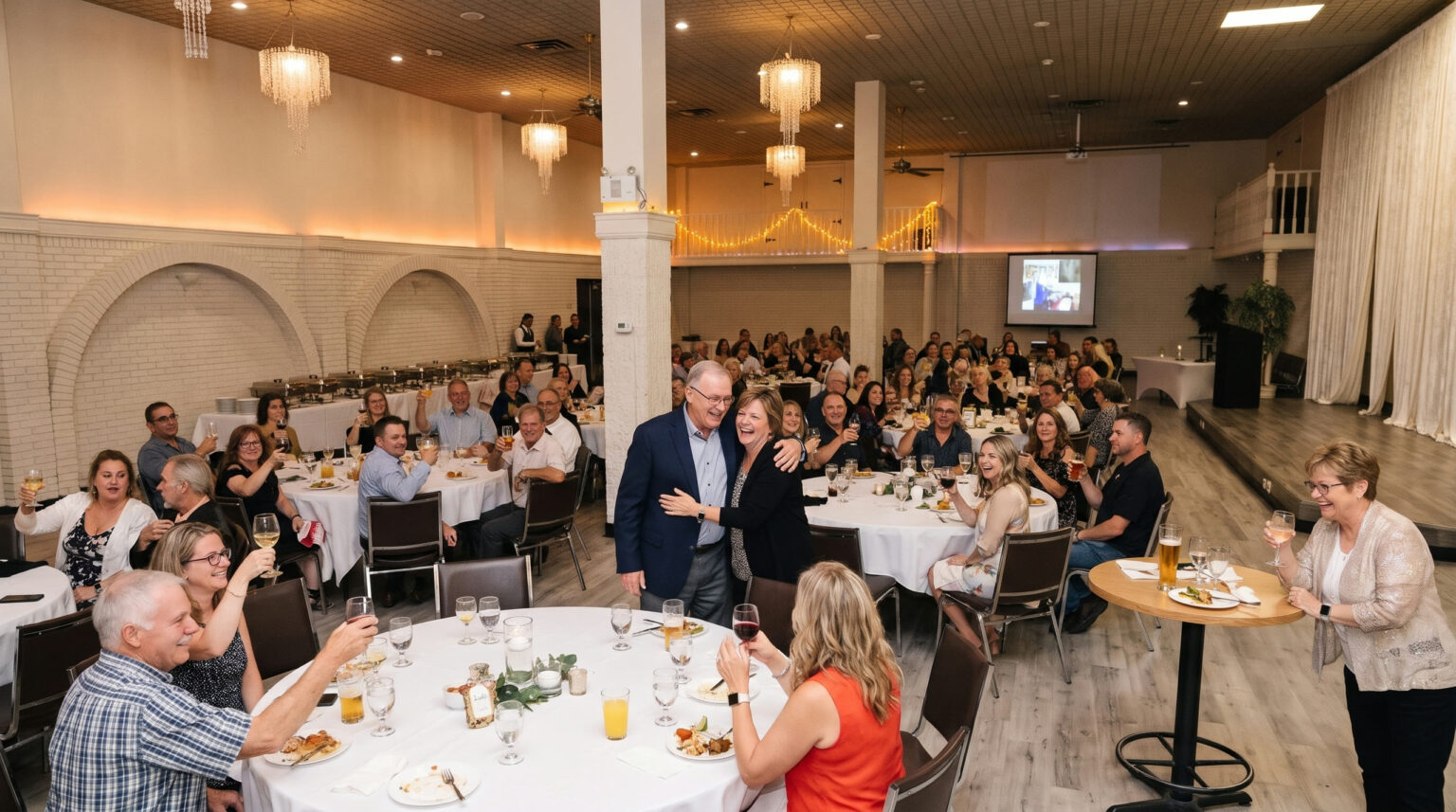 Friends and coworkers raising a toast at a retirement party at Everest Convention Centre