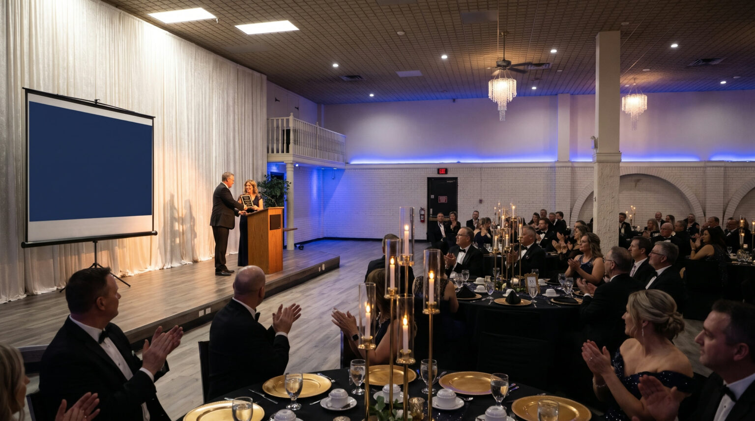 Guests in black tie applauding an award on stage at a gala dinner at Everest Convention Centre