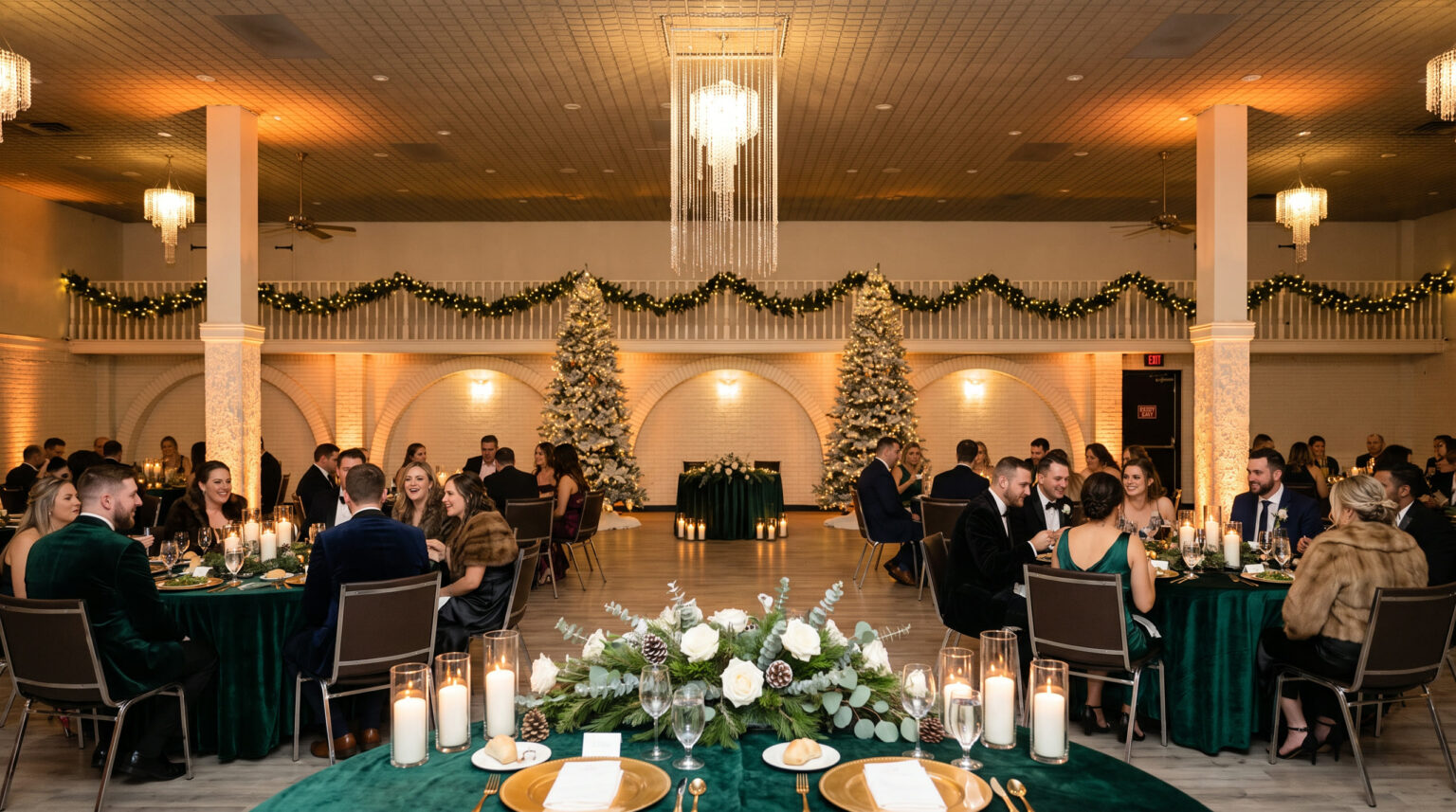 A winter wedding reception with emerald linens, evergreen and Christmas trees at Everest Convention Centre