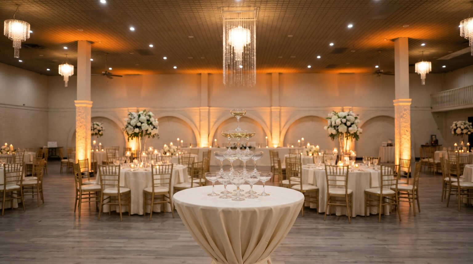A champagne tower in front of a candlelit reception at Everest Convention Centre