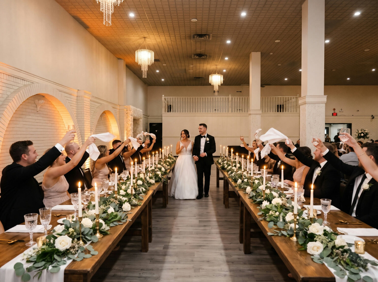 Wedding guests at long candlelit tables cheering the bride and groom at Everest Convention Centre