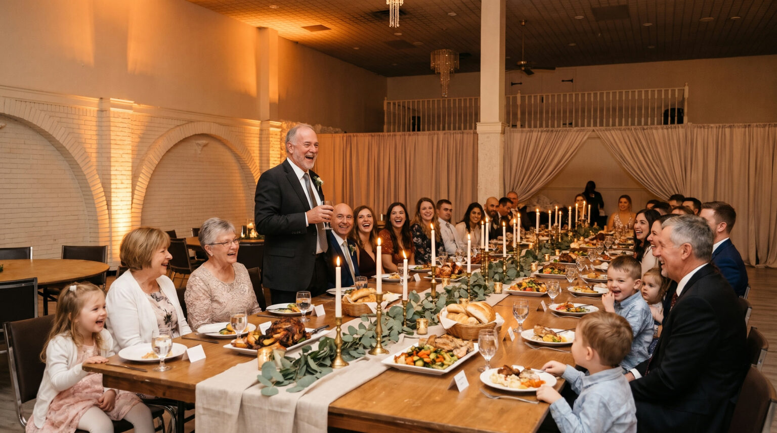 A father giving a toast at a candlelit rehearsal dinner for family at Everest Convention Centre