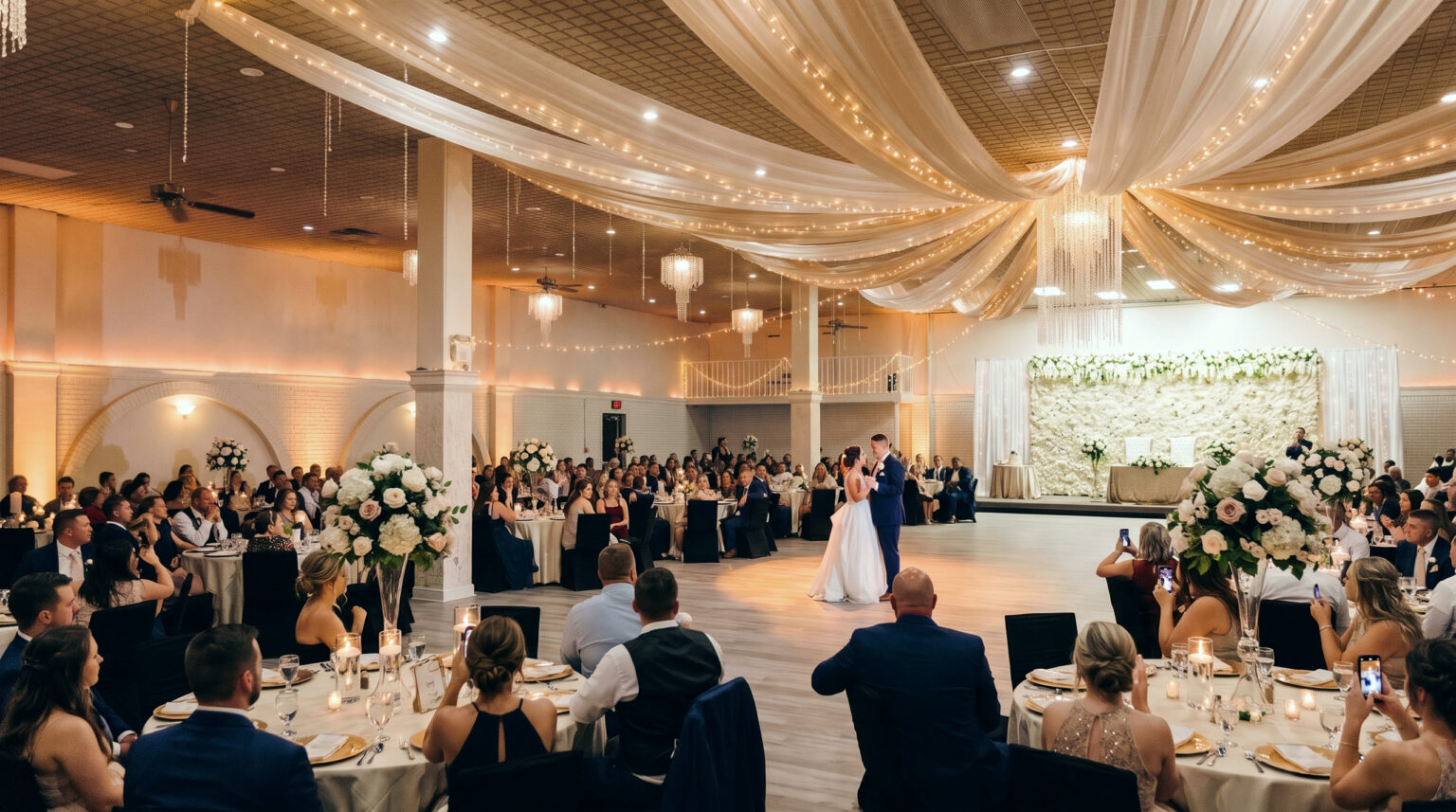 Guests watching the first dance at a richly decorated wedding reception at Everest Convention Centre